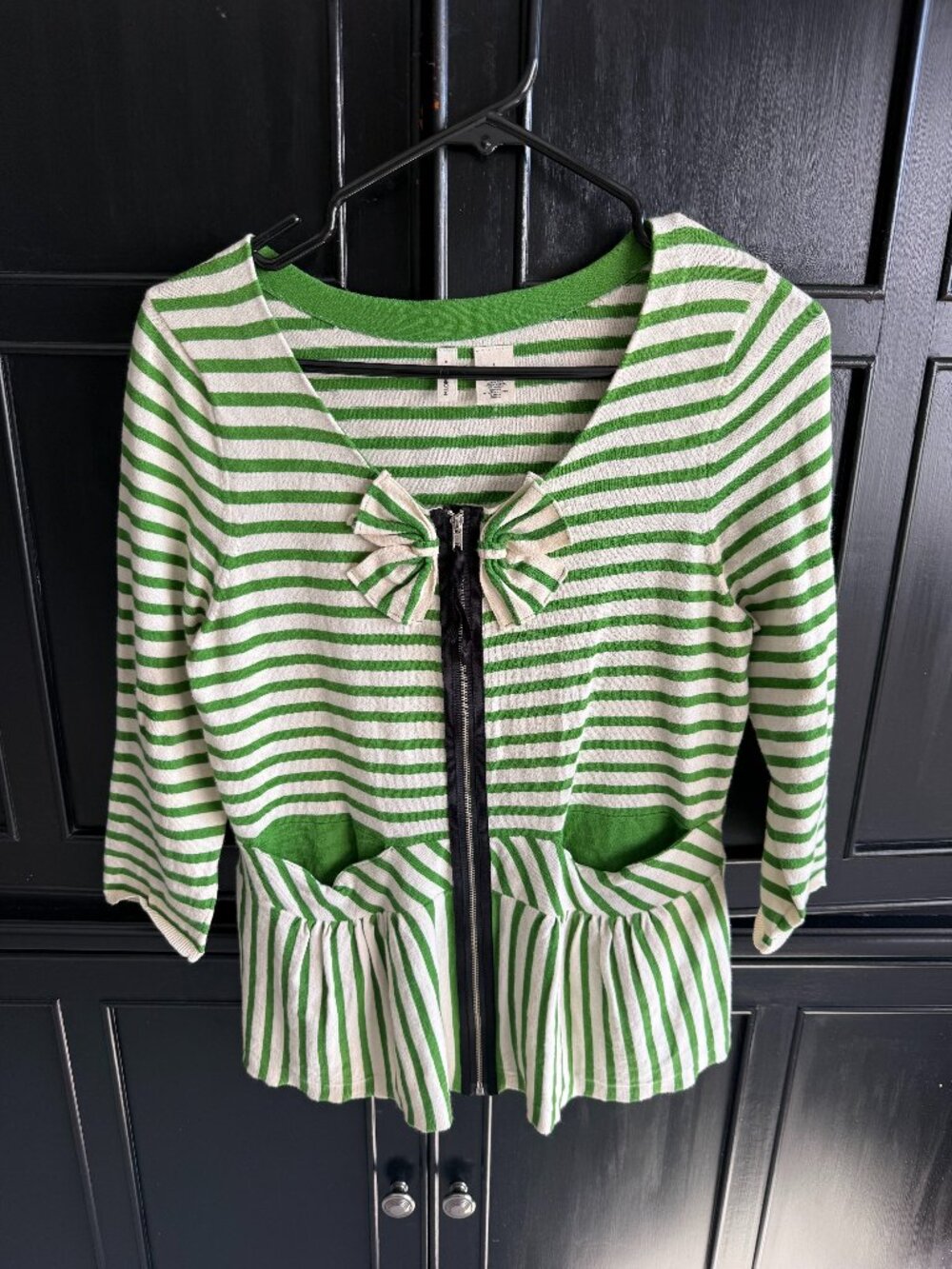 Moth Anthropologie Four Petals Bow Cardigan Size L EUC Green Striped